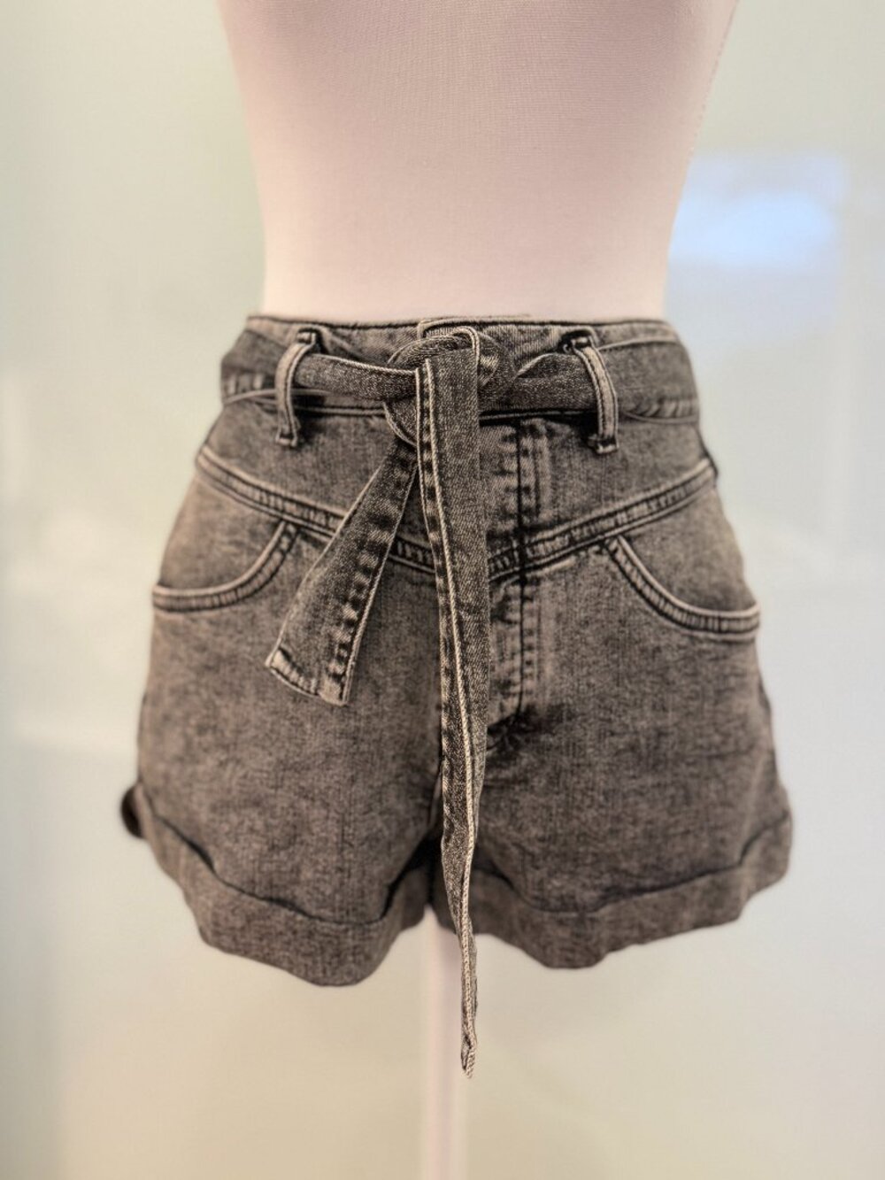 Maje Gray Acid Wash Denim Tie Waist Shorts Size 36 / US 4